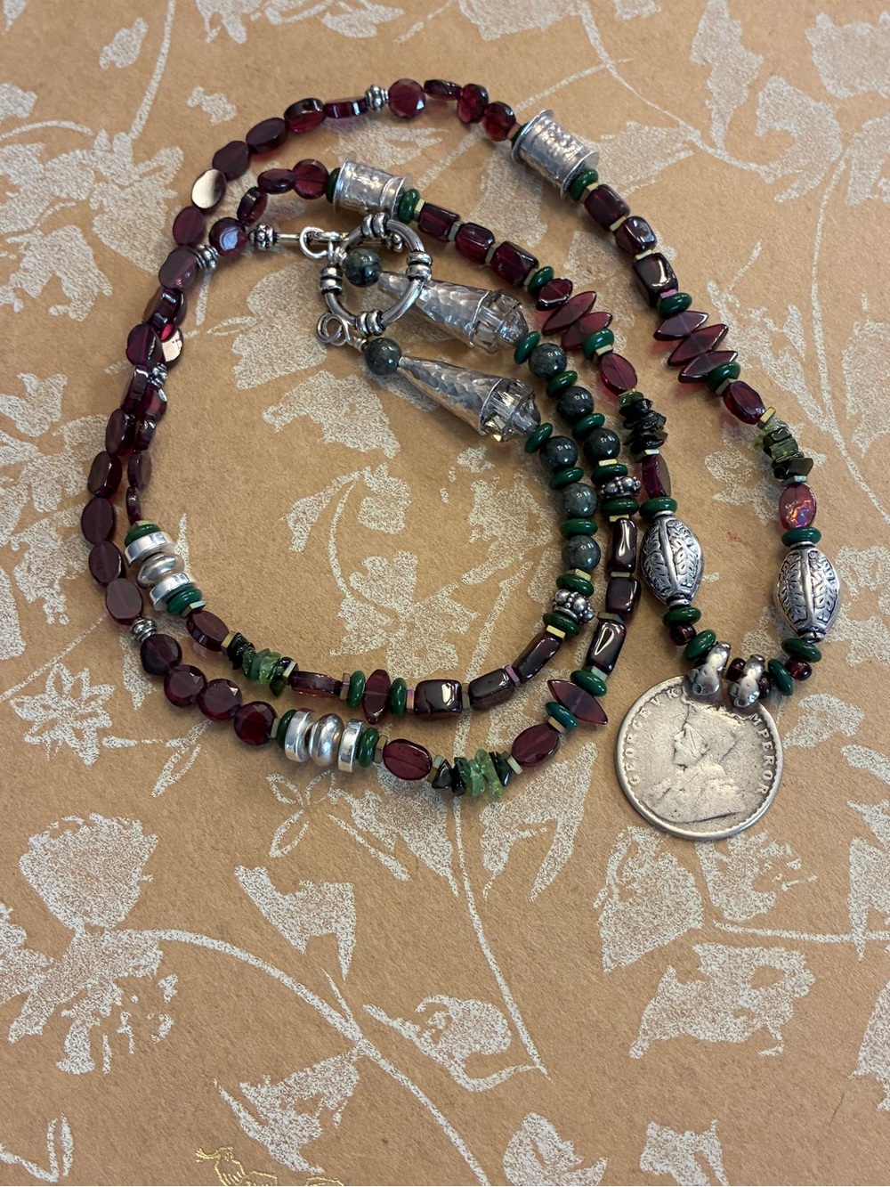 SALE Red & Green Garnet Beaded Necklace with coin pendant & Sterling Silver
